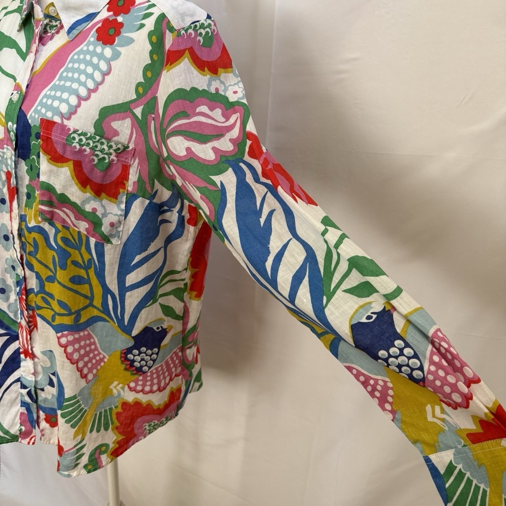 Boden Linen Long Sleeve Floral Bird Button Up Blouse Women 10R Boho Resort - Picture 3 of 13
